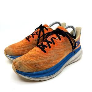 Hoka Clifton 9 Men’s Orange Running Shoes with Blue Trim Size 7.5